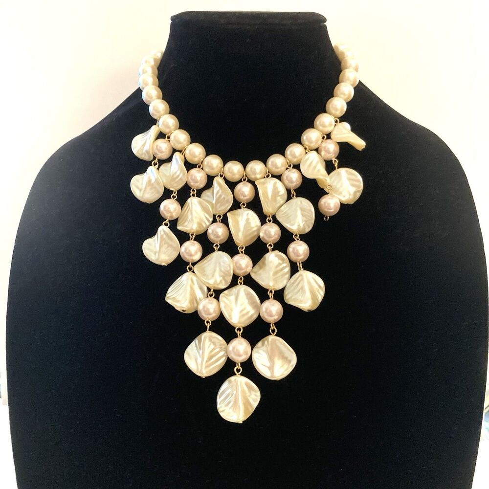 Vintage Waterfall Statement Necklace Faux Shell & Pearl Ivory Color
